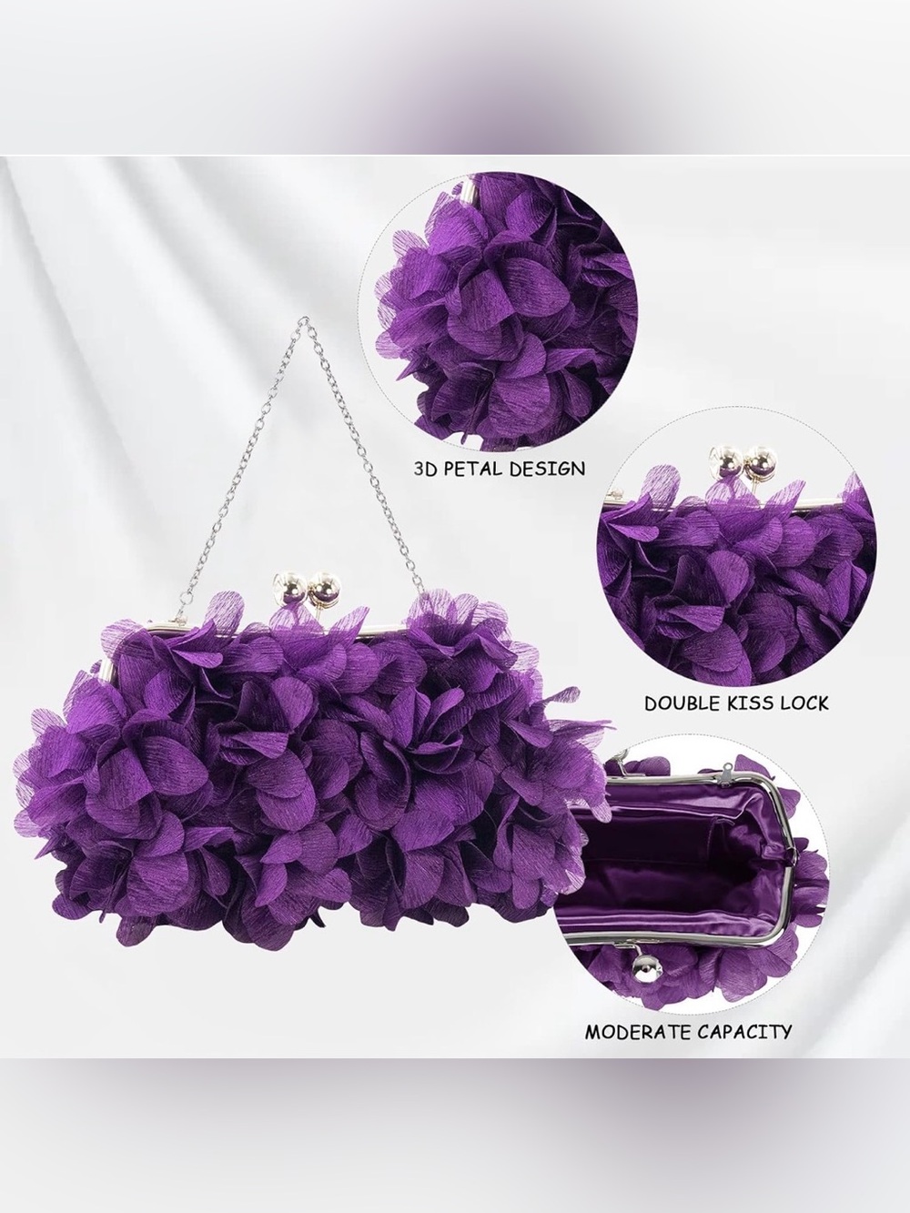 Elegant Purple Floral Appliqué Evening Clutch with Chain Handle - Picture 12 of 13